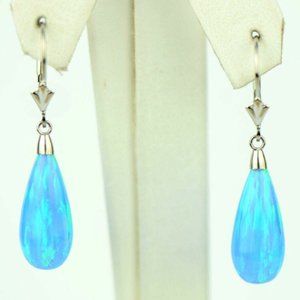14K Solid White Gold Tear Drop Shaped Opal Leverback Dangle Earrings 1.5"